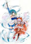  2girls arm_up blue_eyes blue_hair cape fina_(sa47rin5) fur_trim gloves hat highres instrument long_hair magical_girl mahou_shoujo_madoka_magica mahou_shoujo_madoka_magica_movie midriff miki_sayaka momoe_nagisa multiple_girls polka_dot polka_dot_legwear red_eyes short_hair simple_background sword thighhighs trumpet two_side_up water weapon white_background white_hair zettai_ryouiki 