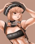  1girl armpits bare_shoulders brown_eyes brown_hair commentary_request copyright_name final_fantasy final_fantasy_xi frown hands_on_own_head hat matatabi_(matatabifv) midriff mithra short_hair simple_background small_breasts solo suspenders toned wink 