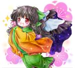  1girl alternate_costume bird_wings black_hair blush_stickers cape cherry_blossoms facing_away floral_background hair_ribbon hands_in_sleeves japanese_clothes kimono light_particles open_mouth otoshidama ponytail red_eyes reiuji_utsuho ribbon short_hair solo sparkle star_print touhou tsukiori_sasa white_background 