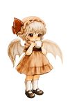  1girl bat_wings brown_dress brown_eyes child colored_pencil_(medium) cup dress hat hat_ribbon mob_cap open_mouth puffy_sleeves remilia_scarlet ribbon short_sleeves silver_hair simple_background solo souri standing teacup touhou traditional_media white_background wings young 