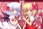  2girls animal_ears ascot bat_wings blonde_hair blue_hair blush bow cat_ears cat_tail dress fang flandre_scarlet hair_bow hair_ribbon heart heart-shaped_pupils heart_hands heart_hands_duo kemonomimi_mode looking_at_viewer multiple_girls no_hat no_headwear open_mouth pink_dress pink_eyes puffy_sleeves red_dress remilia_scarlet revision ribbon rika-tan_(rikatantan) shirt short_sleeves side_ponytail silver_hair smile symbol-shaped_pupils tail tail_ribbon touhou wings 
