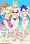  3girls :o ;d alternate_hairstyle amelia_wil_tesla_seyruun bandeau barefoot bikini black_bikini blonde_hair blue_eyes blush breasts cleavage clouds filia_ul_copt front-tie_top green_bikini happy heart highres lina_inverse long_hair lyxu multicolored_hair multiple_girls open_mouth orange_hair pink_hair pointy_ears ponytail purple_hair red_eyes sarong see-through short_hair side-tie_bikini sky slayers slayers_try smile standing_on_one_leg swimsuit tattoo two-tone_hair v wading white_bikini white_swimsuit wink 