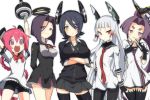  5girls :3 blue_hair braid checkered_necktie crossed_arms eyepatch fan gloves hair_ribbon hatsuharu_(kantai_collection) headgear kantai_collection looking_at_viewer mechanical_halo multiple_girls murakumo_(kantai_collection) nenohi_(kantai_collection) open_mouth ot-nm pantyhose personification pink_hair ponytail purple_hair red_eyes ribbon short_eyebrows smile tatsuta_(kantai_collection) tenryuu_(kantai_collection) thighhighs violet_eyes yellow_eyes 