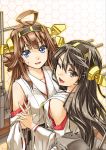  2girls abo_(hechouchou) ahoge bare_shoulders black_hair blue_eyes brown_eyes brown_hair detached_sleeves double_bun hairband haruna_(kantai_collection) headgear honeycomb_background interlocked_fingers japanese_clothes kantai_collection kongou_(kantai_collection) long_hair multiple_girls open_mouth personification smile wink 