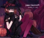  1girl black_cat bow broom brown_hair cat dated green_eyes happy_halloween hat highres looking_at_viewer pantyhose pumpkin purple_legwear sitting skirt solo takeuchi_aya witch_hat 