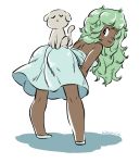  1girl :&lt; animal animal_on_back back bent_over blush_stickers closed_eyes curly_hair dark_skin dress flats green_hair long_hair mariel_cartwright pigeon-toed sitting sitting_on_person small_breasts strapless_dress 