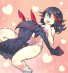  1girl :d ^_^ blush bra closed_eyes clothes_removed fang gedou_(ge_ge_gedou) heart kill_la_kill living_clothes lying matoi_ryuuko on_back open_mouth panties patting_head smile striped striped_bra striped_panties underwear underwear_only 