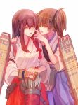  2girls akagi_(aircraft_carrier) akagi_(kantai_collection) arrow blush brown_eyes brown_hair hakama_skirt japanese_clothes kaga_(aircraft_carrier) kaga_(kantai_collection) kantai_collection kaoru_(alicemakoto) long_hair multiple_girls muneate open_mouth personification quiver short_hair side_ponytail single_glove skirt yugake 