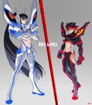  2boys abs absurdres adapted_costume black_eyes black_hair boots copyright_name crossed_arms frown genderswap gradient gradient_background grey_background height_difference highres junketsu kill_la_kill kiryuuin_satsuki long_hair male matoi_ryuuko multicolored_hair multiple_boys muscle ponytail redhead senketsu skin_tight streaked_hair two-tone_hair white_background ydh2101 