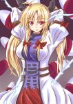  1girl absurdres arms_behind_head arms_up blonde_hair breasts dress fate_testarossa fate_testarossa_(cosplay) gap hair_ribbon highres juliet_sleeves large_breasts long_hair long_sleeves lyrical_nanoha matewi_(akuty_ikkot) pink_eyes puffy_sleeves ribbon solo tabard touhou tress_ribbon twintails very_long_hair white_dress yakumo_yukari 