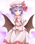 1girl arms_behind_back bat_wings blush bow brooch hat hat_bow jewelry kuroganeruto lavender_hair red_eyes remilia_scarlet short_hair solo touhou wings 