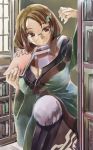  1girl book bookshelf brown_eyes brown_hair futatsuiwa_mamizou futatsuiwa_mamizou_(human) glasses hair_ornament hairclip leaf leaf_hair_ornament long_hair looking_at_viewer scarf smile solo touhou yohane 