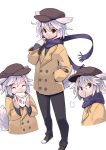  1girl alternate_costume angry animal_ears closed_eyes commentary_request d@i eating hat highres inubashiri_momiji jacket pants pout red_eyes scarf silver_hair simple_background solo tail touhou white_background winter_clothes wolf_ears wolf_tail 