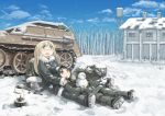  2girls black_hair blonde_hair blue_eyes brown_eyes highres long_hair military military_vehicle multiple_girls original snow snowman tank tsukumizu_yuu vehicle 