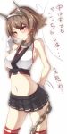  1girl bare_shoulders blush breasts brown_eyes brown_hair chain gloves hair_tussle headgear highres kantai_collection large_breasts midriff mutsu_(kantai_collection) natsu_(anta_tte_hitoha) navel personification short_hair skirt solo thighhighs translation_request white_gloves 