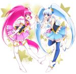  2girls aino_megumi arm_warmers blue_eyes blue_hair blue_legwear boots cure_lovely cure_princess detached_sleeves dress earrings hair_ornament happinesscharge_precure! happy heart high_heels jewelry long_hair looking_at_viewer magical_girl multiple_girls mya_knk open_mouth pink_eyes pink_hair ponytail precure puffy_sleeves ribbon shirayuki_hime shirt skirt smile thigh_boots thighhighs twintails white_legwear wrist_cuffs 