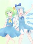  2girls arm_up ascot bare_legs barefoot blue_eyes blue_hair bow cirno daiyousei doboncho dress gradient gradient_background green_hair hair_bow hair_ribbon head_tilt ice ice_wings looking_at_viewer multiple_girls no_wings open_mouth outstretched_arms puffy_short_sleeves puffy_sleeves ribbon short_hair short_sleeves side_ponytail simple_background skirt skirt_set smile spread_arms touhou wings 