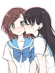  2girls black_hair blush bow brown_hair cheek_kiss closed_eyes highres kiss long_hair multiple_girls school_uniform serafuku short_hair simple_background takeuchi_aya white_background yuri 