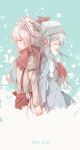 2girls absurdres adapted_costume alternate_headwear back-to-back bow closed_eyes coat fujiwara_no_mokou hair_bow hat highres holding_hands kamishirasawa_keine multiple_girls pants scarf shirt shuzi silver_hair snowing surprised touhou winter winter_clothes 