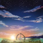  1girl ahoge arm_up clouds dress green_hair hatsune_miku highres long_hair looking_at_viewer night night_sky ocean open_mouth outstretched_arm pigeon-toed sky smile solo star_(sky) starry_sky sunset tom_(drpow) twilight twintails very_long_hair vocaloid waving 