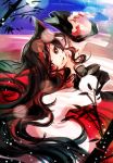  1girl animal_ears bamboo bamboo_forest black_hair fang forest imaizumi_kagerou long_hair makuwauri moonlight nature red_eyes red_nails solo touhou very_long_hair wolf_ears 