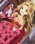  &gt;:d 1girl :d brown_hair dress formal green_eyes idolmaster idolmaster_million_live! jewelry long_hair looking_at_viewer necklace nikaidou_chizuru official_art open_mouth ponytail smile very_long_hair 