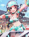  1girl ;d armlet artist_request audience blue_hair blush bracelet confetti crop_top fingerless_gloves gloves headset heart idolmaster idolmaster_million_live! jewelry long_hair looking_at_viewer midriff navel necklace official_art open_mouth racequeen red_eyes skirt smile takayama_sayoko visor_cap wink 