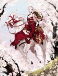  1girl arrow bow_(weapon) cherry_blossoms flower highres horse izumi_(nagashi) japanese_clothes long_hair original tree weapon white_hair white_horse 