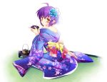  1girl bare_shoulders blush flower hair_flower hair_ornament japanese_clothes kimono looking_back magical_halloween noir_auslese pointy_ears purple_hair sakazuki short_hair sitting solo tokinon wariza yellow_eyes 