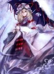  1girl blonde_hair bow colored dress hair_bow hair_ornament hat hat_bow kozou_(soumuden) long_hair long_sleeves looking_at_viewer mob_cap red_eyes simple_background sketch smile solo tabard touhou umbrella white_dress wide_sleeves yakumo_yukari 