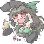  1girl animal_ears beer_mug bird_wings black_legwear black_wings breasts brown_hair bunny_girl bunnysuit chibi cleavage fake_animal_ears kureha_mitsushige leotard open_mouth pantyhose pink_eyes rabbit_ears reiuji_utsuho simple_background smile solo spill third_eye touhou white_background wings wrist_cuffs 