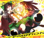  1girl arm_cannon black_hair black_wings blush bow breasts caution_tape fangs feathers fire hair_bow highres hybrid_(artist) long_hair open_mouth radiation_symbol red_eyes reiuji_utsuho skirt solo third_eye touhou weapon wings 