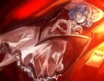  1girl ascot bat_wings bed black_wings blue_hair book closed_eyes frilled_skirt frills hands_on_own_chest kozou_(soumuden) lying no_hat no_headwear on_back open_mouth pillow puffy_sleeves remilia_scarlet shirt short_hair short_sleeves skirt skirt_set sleeping solo text touhou wings 