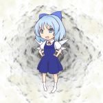  1girl blue_eyes blue_hair bow cirno deformed hair_bow hands_on_hips ice ice_wings mario_(makoto) short_hair solo touhou wings 