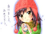  1girl black_hair close-up ichijou_hotaru knit_hat looking_at_viewer non_non_biyori sachiko scarf smile solo tea yellow_eyes 