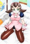  1girl absurdres bed bedroom breasts brown_hair brown_legwear crotch_plate curtains earrings gloves green_eyes hairband hayami_jin highres jewelry looking_at_viewer pantyhose pillow poster_(object) rockman rockman_dash short_hair smile solo traditional_media tron_bonne window 