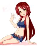  1girl absurdres alternate_costume arm_support belt breasts cleavage crop_top denim denim_shorts fanning fanning_face half_updo highres hot inaka_keikou long_hair midriff navel open_mouth orange_eyes racoona_sheldon redhead sekaiju_no_meikyuu shin_sekaiju_no_meikyuu short_shorts shorts sitting sketch solo white_background yokozuwari 