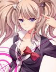  1girl blue_eyes breasts cleavage dangan_ronpa enoshima_junko hair_ornament long_hair mugi_(ko6giko) necktie pink_hair smile solo spoilers twintails 