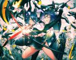  2girls eyepatch glaive gloves headgear kantai_collection kodama_(wa-ka-me) mechanical_halo multiple_girls personification purple_hair school_uniform short_hair skirt sword tatsuta_(kantai_collection) tenryuu_(kantai_collection) thighhighs violet_eyes weapon yellow_eyes 