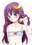 1girl bikini_top blush bow collarbone crescent hair_bow hair_ornament long_hair mayuge_inu navel patchouli_knowledge purple_hair solo touhou violet_eyes 