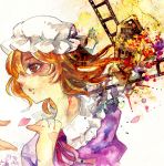  1girl abstract alternate_eye_color blonde_hair hair_over_one_eye maribel_hearn parted_lips petals rod_of_remorse short_hair sooru0720 touhou traditional_media watercolor_(medium) yellow_eyes 