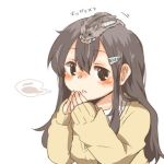 1girl akagi_(kantai_collection) alternate_costume animal_on_head blush brown_hair hair_ornament hairclip hamster kantai_collection long_hair lowres open_mouth rebecca_(keinelove) sweater 