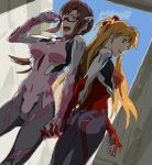  2girls adjusting_glasses baariya bodysuit brown_hair drawr dutch_angle evangelion:_3.0_you_can_(not)_redo glasses hair_ornament holding_hands long_hair makinami_mari_illustrious multiple_girls neon_genesis_evangelion orange_hair plugsuit rebuild_of_evangelion shikinami_asuka_langley skin_tight souryuu_asuka_langley 