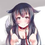  1girl agano_(kantai_collection) animal_ears black_eyes black_hair breasts cleavage collar dog_ears dog_tail heart heart-shaped_pupils kantai_collection leash long_hair looking_at_viewer paw_pose personification shuuichi smile solo symbol-shaped_pupils tail 