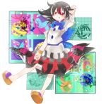  1girl bell black_hair bow butterfly character_name dress fern flower hand_behind_head horns kenoka kijin_seija leaf mallet multicolored_hair negative red_eyes redhead short_hair smile solo streaked_hair tongue tongue_out touhou white_hair 
