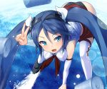  1girl ayagi_daifuku bent_over blue_eyes blue_hair depth_charge hair_ribbon isuzu_(kantai_collection) kantai_collection open_mouth panties personification ribbon single_thighhigh solo thighhighs twintails underwear v 