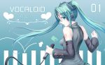  1girl aqua_eyes aqua_hair character_name copyright_name detached_sleeves from_behind gogatsu_no_renkyuu hatsune_miku headphones highres long_hair microphone necktie solo twintails vocaloid 