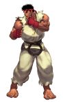  1boy animated animated_png barefoot black_hair eyebrows fighting_stance fingerless_gloves gloves muscle official_style ryuu_(street_fighter) sleeveless solo steamboy_(artist) street_fighter_iii:_3rd_strike tan thick_eyebrows toes 