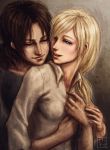  2girls blonde_hair brown_hair christa_renz closed_eyes holding hug hug_from_behind lips multiple_girls open_mouth ponytail shingeki_no_kyojin shirt smile touching trixia white_shirt ymir_(shingeki_no_kyojin) 