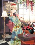  1girl alice_margatroid alternate_costume blonde_hair bottle checkered checkered_floor cierra_(ra-bit) floral_print flower food green_eyes hair_pull hairband japanese_clothes kimono lamp lolita_hairband long_sleeves looking_at_viewer ribbon sakazuki solo touhou wide_sleeves window 